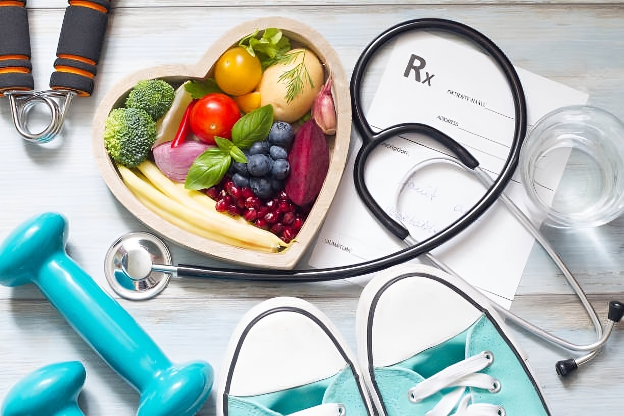 a representation of what is needed to stay healthy including eating healthy, exercise and medical checkups